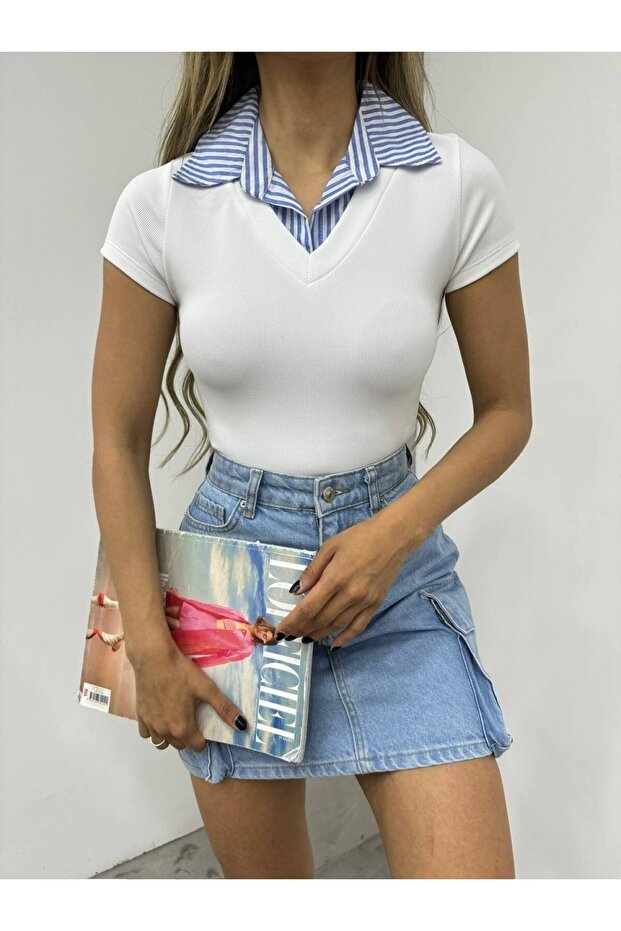 بلوزة بياقة عثمانية - أبيض - 1