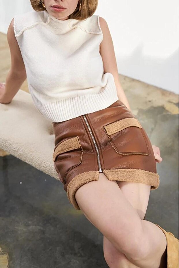 Peluş Detaylı Deri Etek - 1