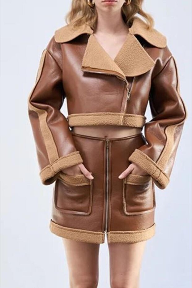 Peluş Detaylı Deri Etek - 2