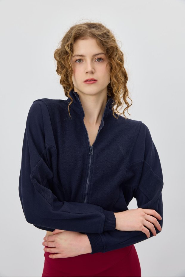 Women's Navy Blue Color Detailed Stand Collar Crop Cardigan