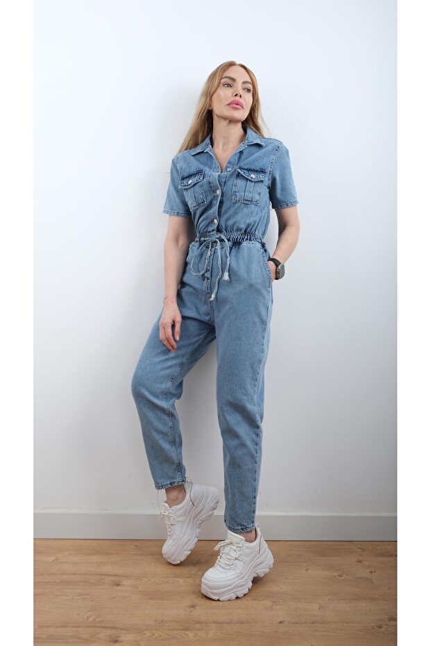 Kısa Kollu Denim Tulum - 3