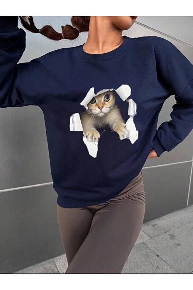 Women's Long Sleeve Crew Neck Cat Print Viscose Two Thread Blouse