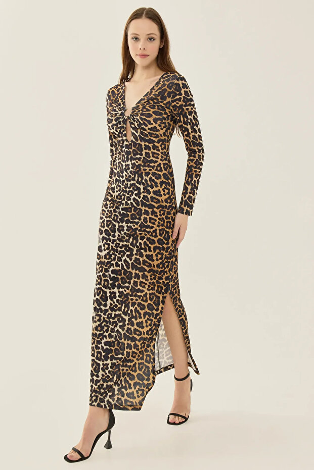 Leopar Desenli Bodycon Uzun Elbise, Yırtmaçlı - 4