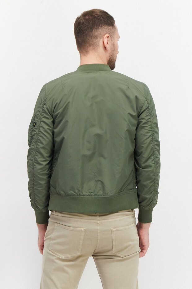 Men Solid Bomber Jacket, Olive - 2