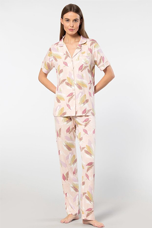 Türen Leaf Print Short Sleeve Shirt Collar Pajamas Set 3355/Powder