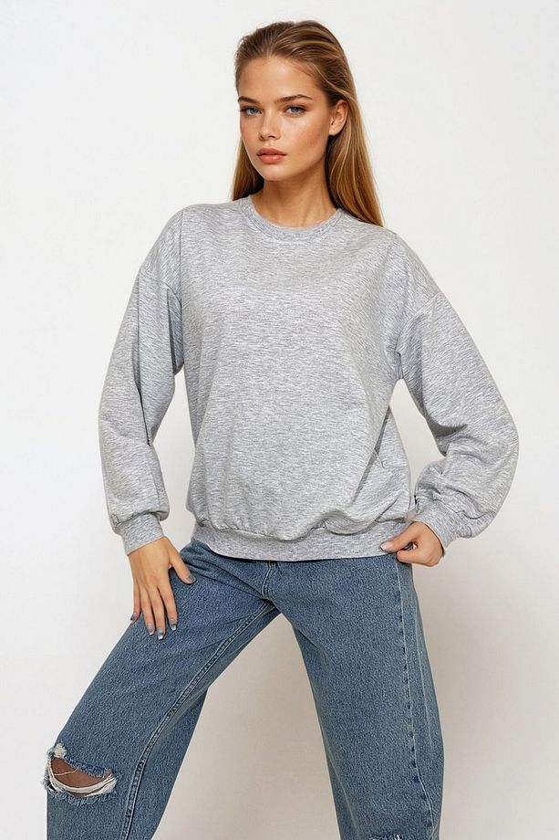 Kadın Gri Bisiklet Yaka Oversize Mevsimlik Basic Sweatshirt Vgn-669-001 - 4