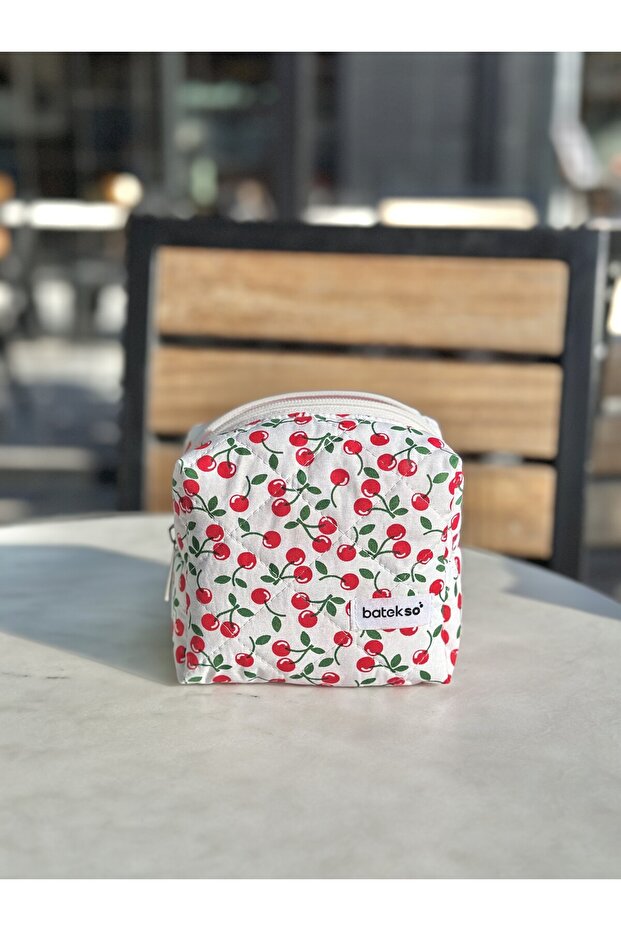 حقيبة مكياج منقوشة باللون الأحمر الكرزي - حجم صغير - 6