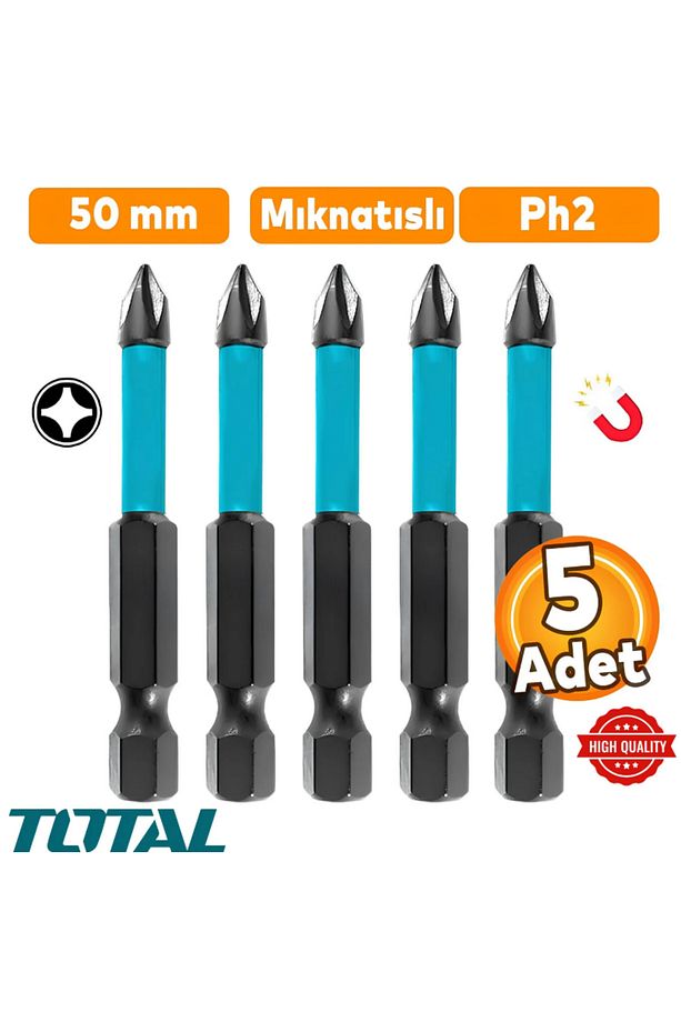 5 Adet Mıknatıslı Bits Uç Ph2 50 mm Vida Sökme 5 Cm Yıldız Matkap Vidalama Ucu S2 Çeliği - 1