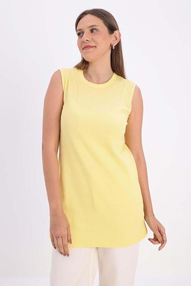 Light Yellow-Cotton Ribbed Sleeveless T-Shirt