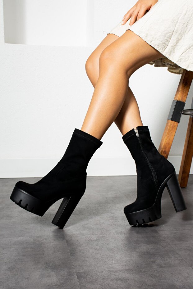 Hexen Siyah Topuklu Süet Bot - 2