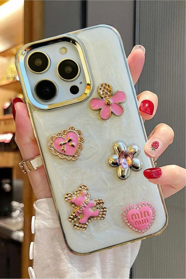 3d stone ribbon butterfly heart embroidery motif hard cover compatible for iphone 15 pro