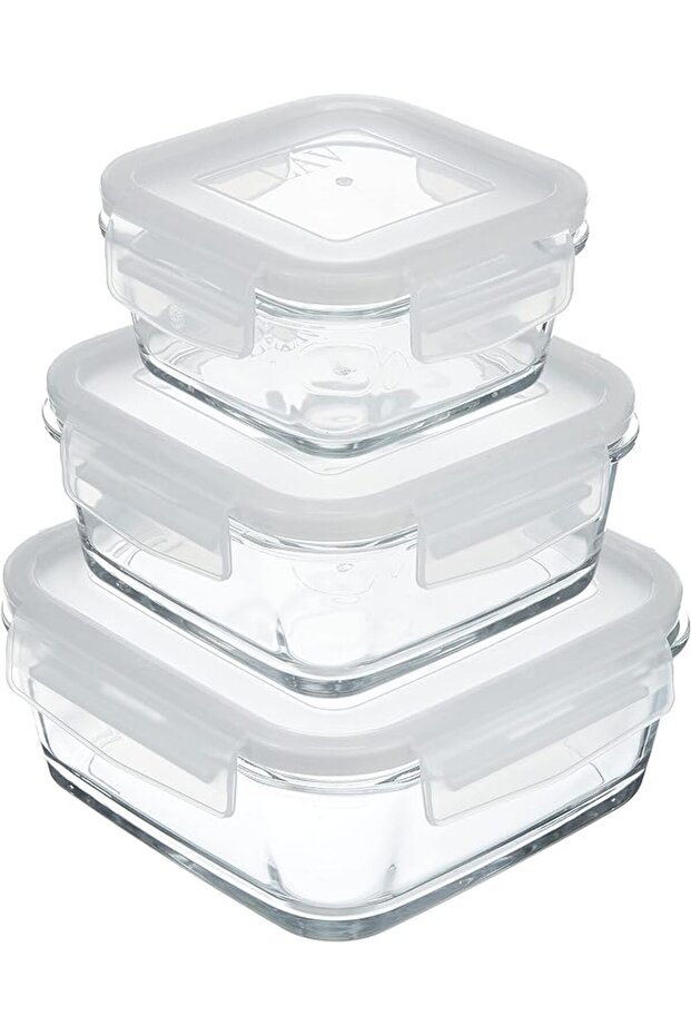 Feyzade Set of 3 Glass Storage Containers with Lock - Fresco Square (1150Cc-720Cc-375Cc)