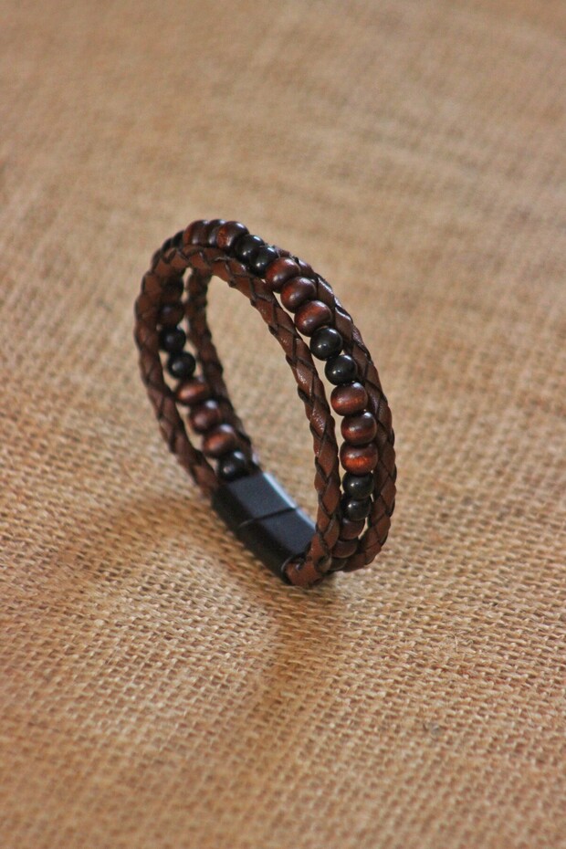 Genuine Leather Bracelet Braided (THREE ROWS WITH BEADS) - Brown - Unisex