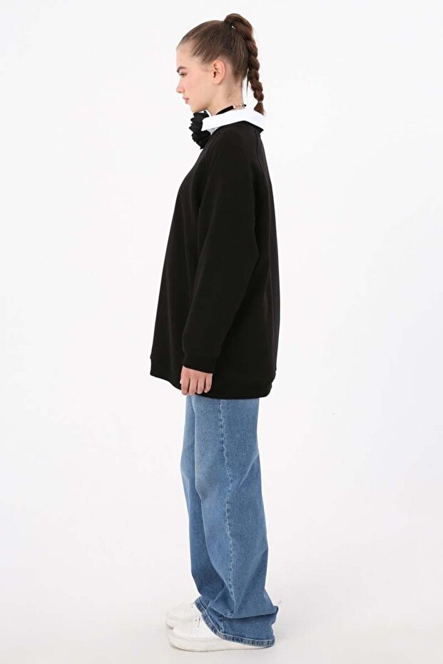 Siyah-3 İplik Oversize Basic Sweatshirt - 3