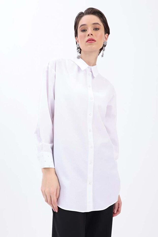 White-Mancheted Stone Shirt Tunic with Smoke Collar