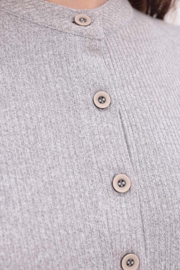 Gray-Half Placket Belted Trousers Set - 6