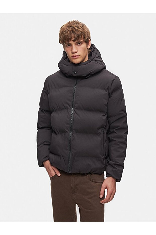 Kapüşonlu Şişme Siyah Mont - 2