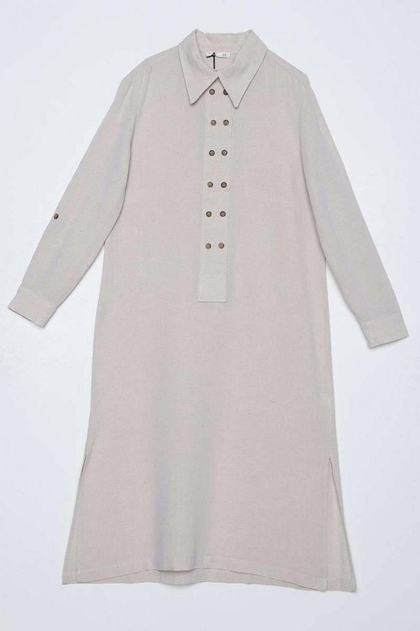 Kemik-Çift Düğmeli Keten Tunik - 6