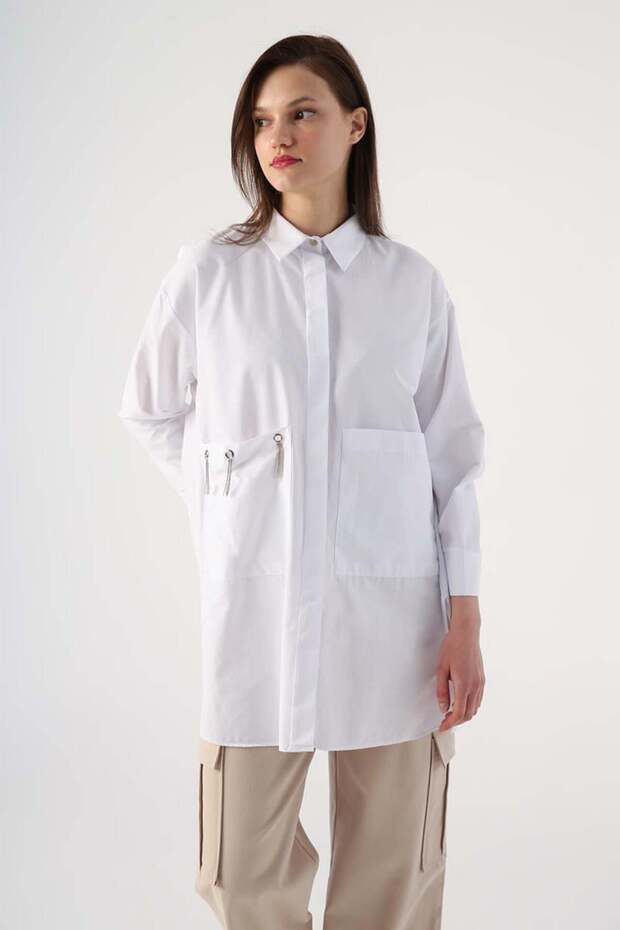 White-Large Pocket Eyelet Oversize Shirt