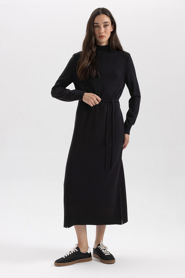 Regular Fit Yarım Balıkçı Yaka Basic Düz Yırtmaçlı Uzun Kollu Maxi Triko Elbise A9807ax23wn - 3