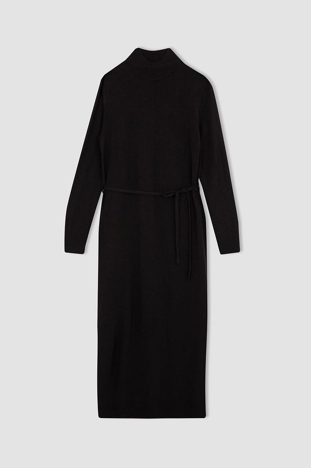 Regular Fit Yarım Balıkçı Yaka Basic Düz Yırtmaçlı Uzun Kollu Maxi Triko Elbise A9807ax23wn - 8