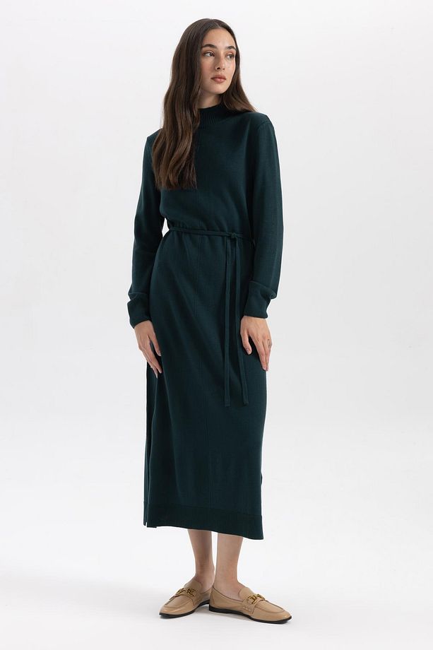 Regular Fit Yarım Balıkçı Yaka Basic Düz Yırtmaçlı Uzun Kollu Maxi Triko Elbise A9807ax23wn - 3