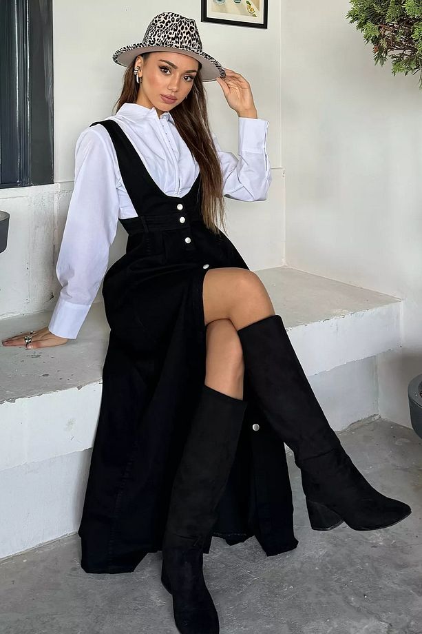 Siyah Kadın Salopet Kot Jean Elbise - 3