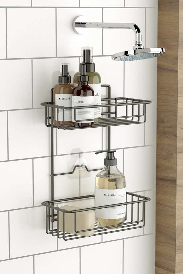 Teknotel Bathroom Organizer Shampoo Holder 2-Tier Adhesive Bathroom Shower Shelf Matte Black St256