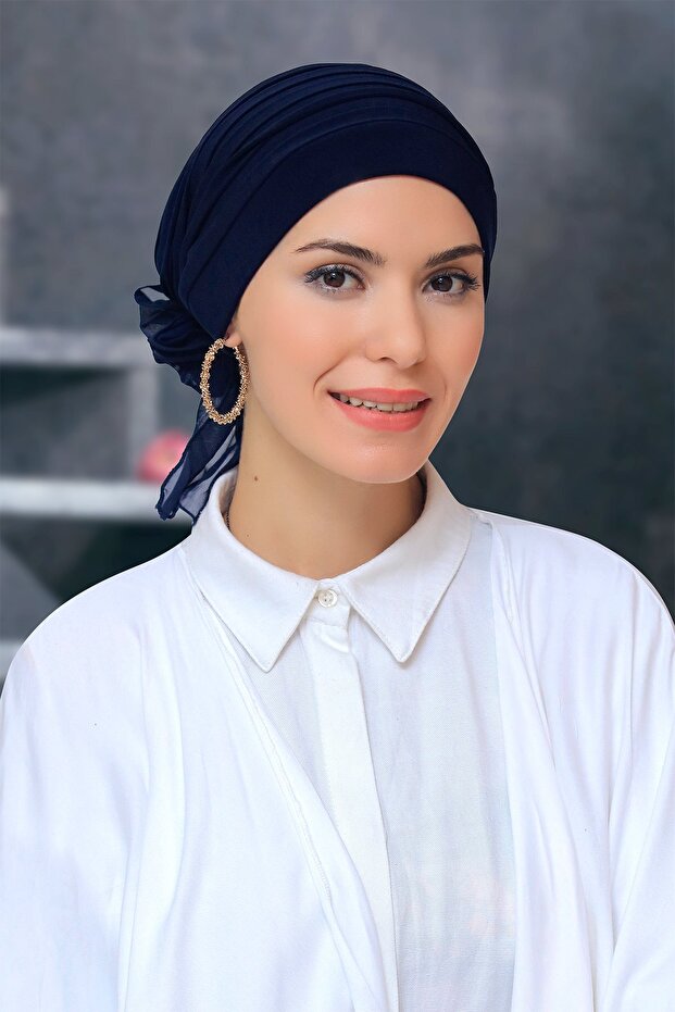 Navy Blue Practical Ready-made Interlocking Hijab Bonnet Sandy Fabric Pleated Ribbed Rose 1806_02