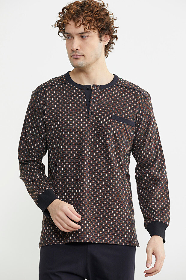 Pattern Combination Pocket Pajama Set - Brown - 4