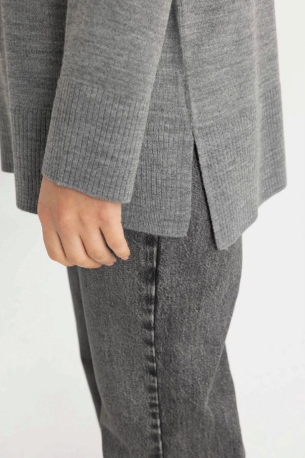 Regular Fit Bisiklet Yaka Yırtmaçlı Basic Düz Triko Kazak Tunik C5165ax24au - 5