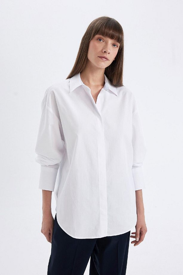 Oversize Geniş Kalıp Basic Düz Poplin Uzun Kollu Gömlek D3152ax24au - 5