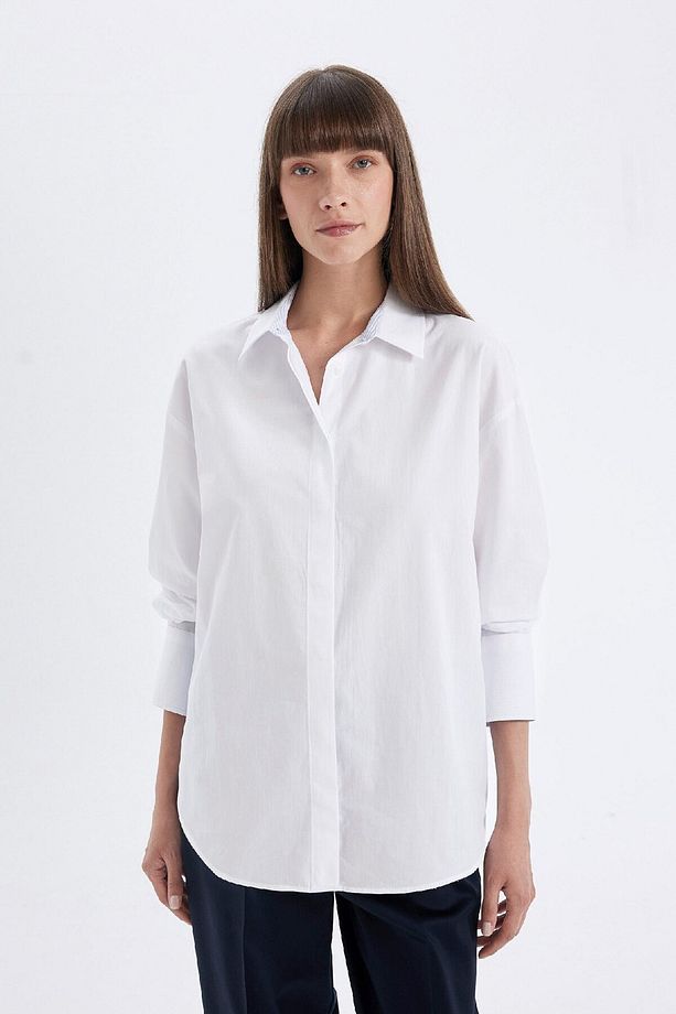 Oversize Geniş Kalıp Basic Düz Poplin Uzun Kollu Gömlek D3152ax24au - 3