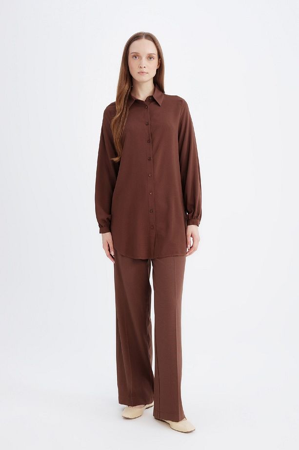 Regular Fit Basic Düz Viskon Uzun Kollu Gömlek Tunik D2613ax24au - 2