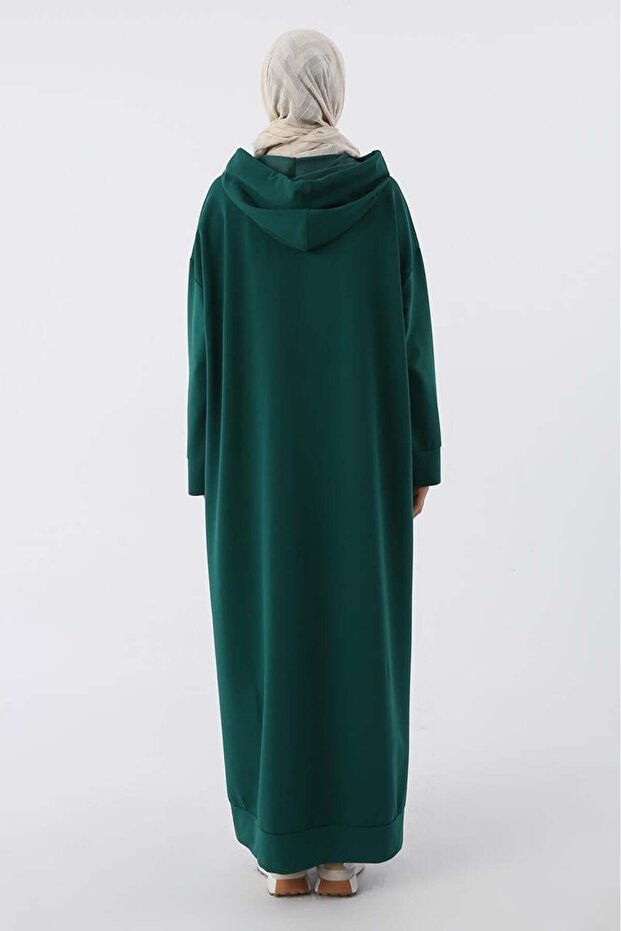 Zümrüt-Büyük Beden Kapüşonlu Basic Örme Elbise - 4