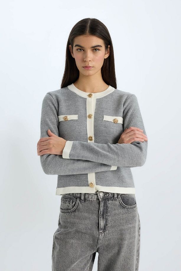 Regular Fit Bisiklet Yaka Düğmeli Basic Düz Triko Hırka C1482ax24wn - 5