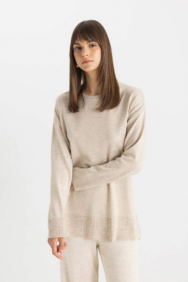 Regular Fit Bisiklet Yaka Yırtmaçlı Basic Düz Triko Kazak Tunik C5165ax24au - 4