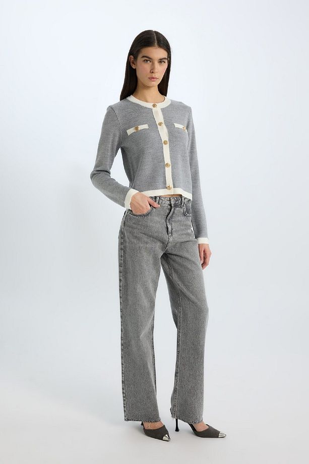 Regular Fit Bisiklet Yaka Düğmeli Basic Düz Triko Hırka C1482ax24wn - 2