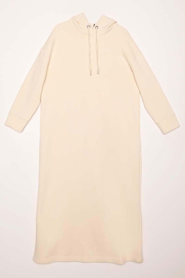 Ekru-Kapüşonlu Basic Elbise - 7