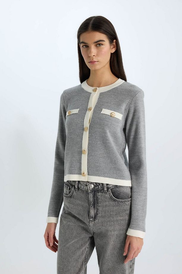 Regular Fit Bisiklet Yaka Düğmeli Basic Düz Triko Hırka C1482ax24wn - 3