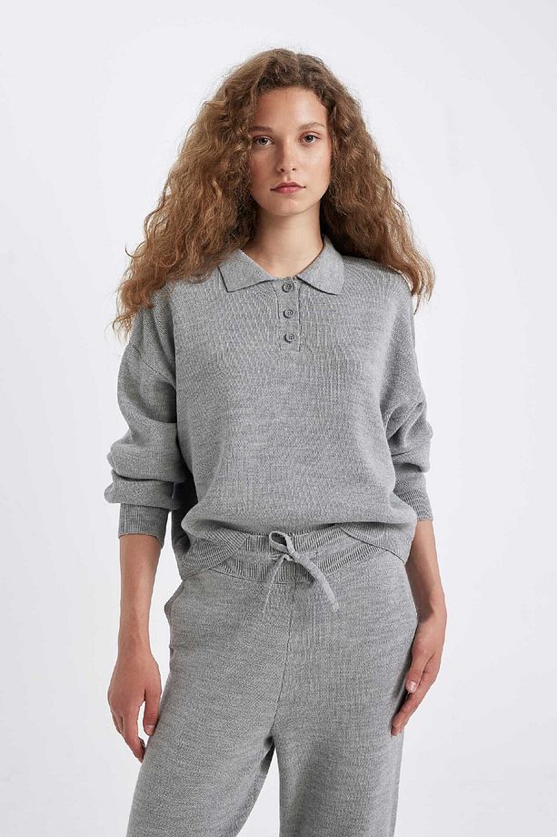 Coool Regular Fit Polo Yaka Düğmeli Basic Düz Triko Kazak C9223ax24wn - 4