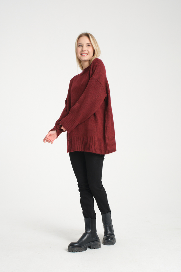 Oversize Basic Bordo Uzun Kadın Kazak - 3