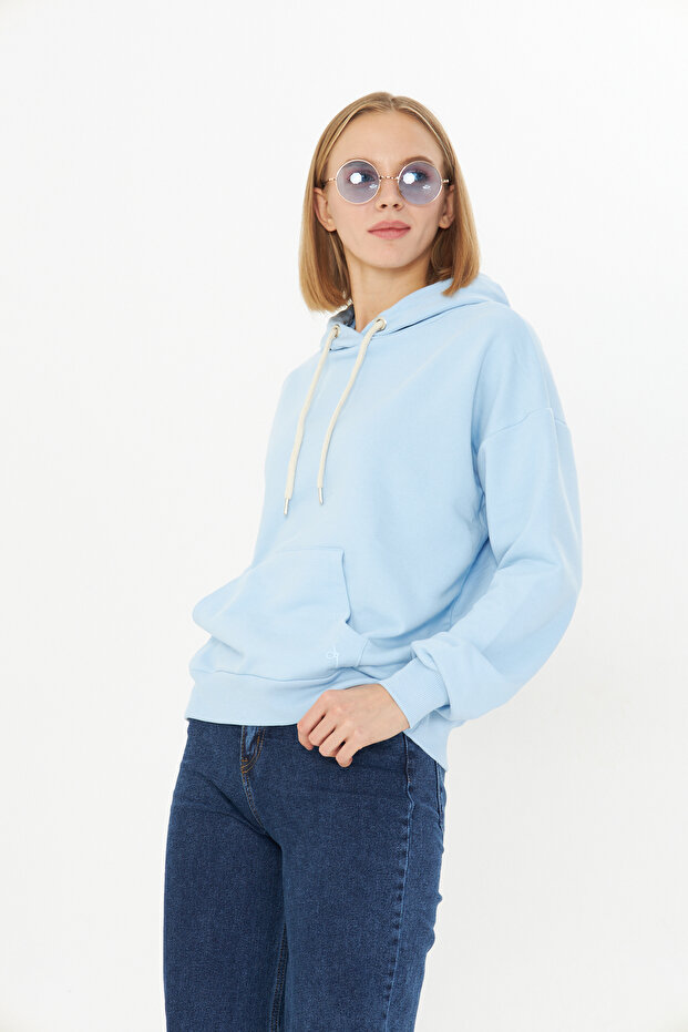 Bebe Mavisi Kanguru Cep Şardonlu Kapüşonlu Regular Fit Sweatshirt - 1