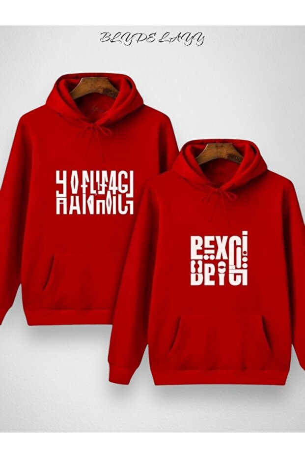 Hanımcı-Beyci Lover Couple Combination Folded Design Red Hooded Sweatshirt Set of 2