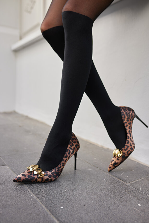 Noom Women's Leopard Buckle Metal Heel Stiletto