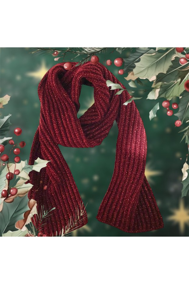 Hand Knitted Glittery Long Scarf Burgundy New Year