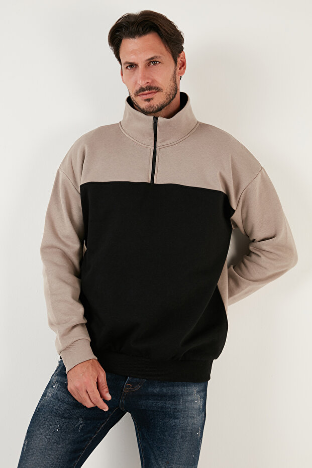 Regular Fit Zippered Stand-Up Collar with Furry Soft Raised Winter Sweat Men's Sweat 5905343