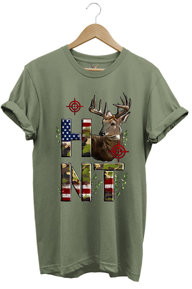 Hunting Deer and Camouflage Hunt Text Printed 100% Cotton Regular Fit Crew Neck T-Shirt
