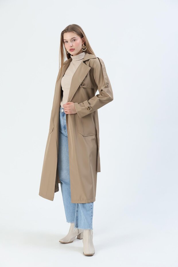 Pocketed Belted Trench Coat Taupe