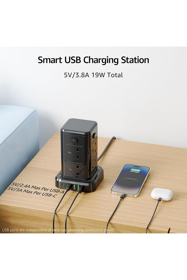 USB C Yuvalı Kule Uzatma Kablosu, 6 USB Portlu 8 Yollu Çoklu Fişli Uzatma Kulesi - 5